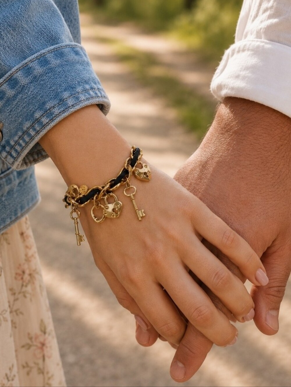 Padlock Heart and Key Gold Tone Link Bracelet Entwined Black Suede